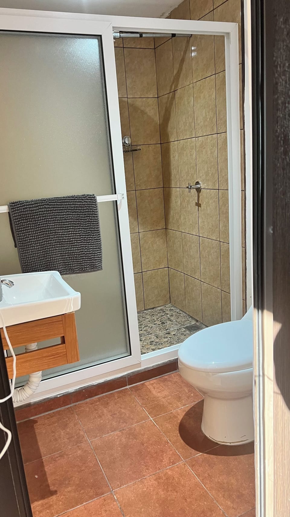 Shower, towels, soap, toilet paper