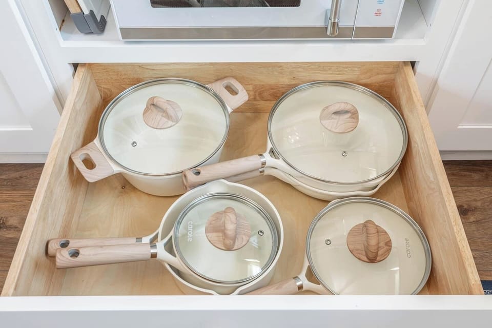 Fully stocked with beautiful pots, pans, and bakeware for home-cooked meals! We provide every thing essential. Ideal for large groups and contractors wanting to save on dining out during long stays.