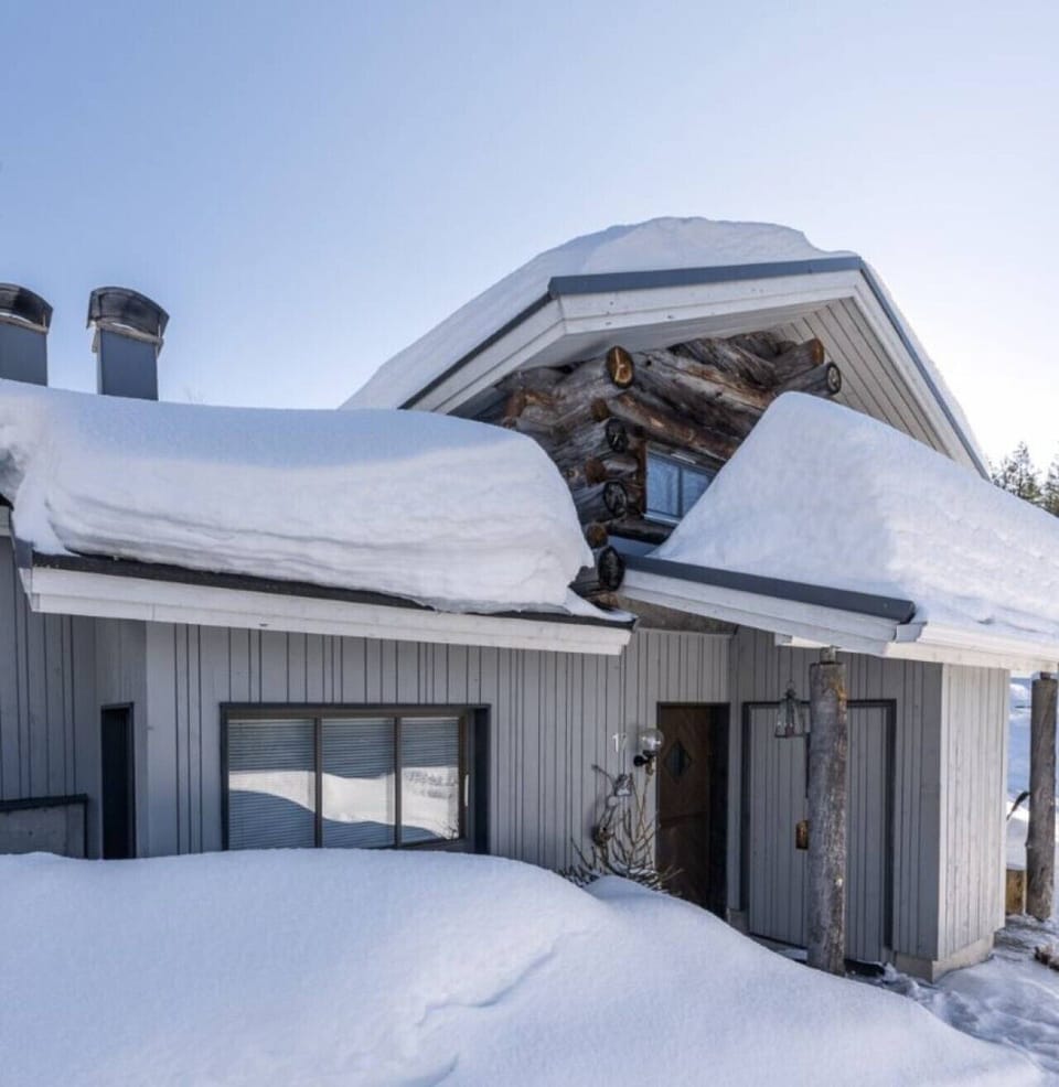 Exterior of the log-built apartment on a bright winter day.