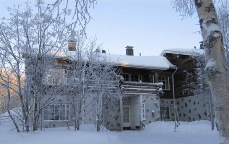 The property surrounded by snow-covered trees in winter.