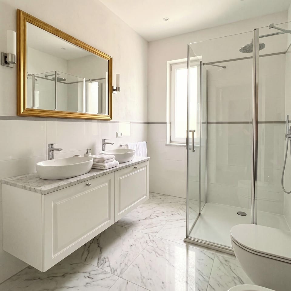 Separate tub and shower, deep soaking tub, towels
