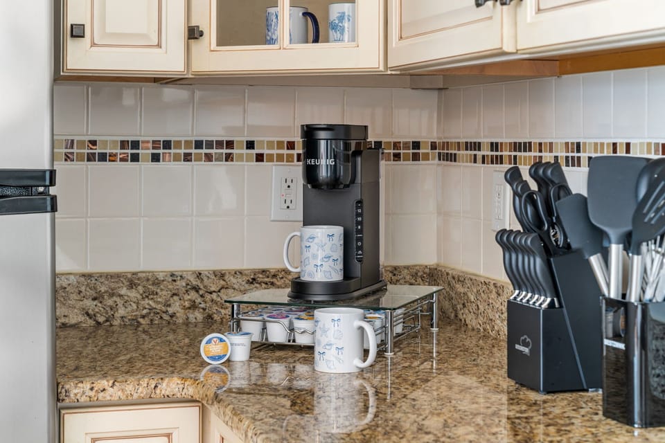 Brew your morning coffee before taking the short stroll down to the beach.