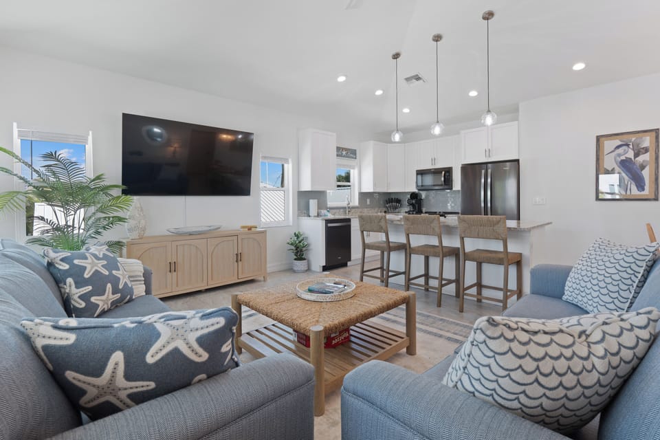 Comfy and cozy coastal kitchen and living room