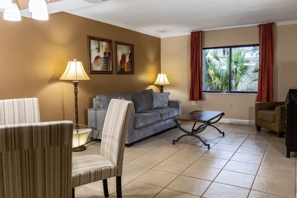 Relax together on the cozy sofa after a full day out.