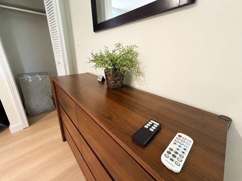 Remotes for fan and LED mood light—to keep cool and set the mood!
