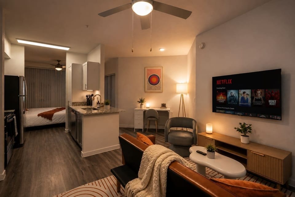 The main living area at night