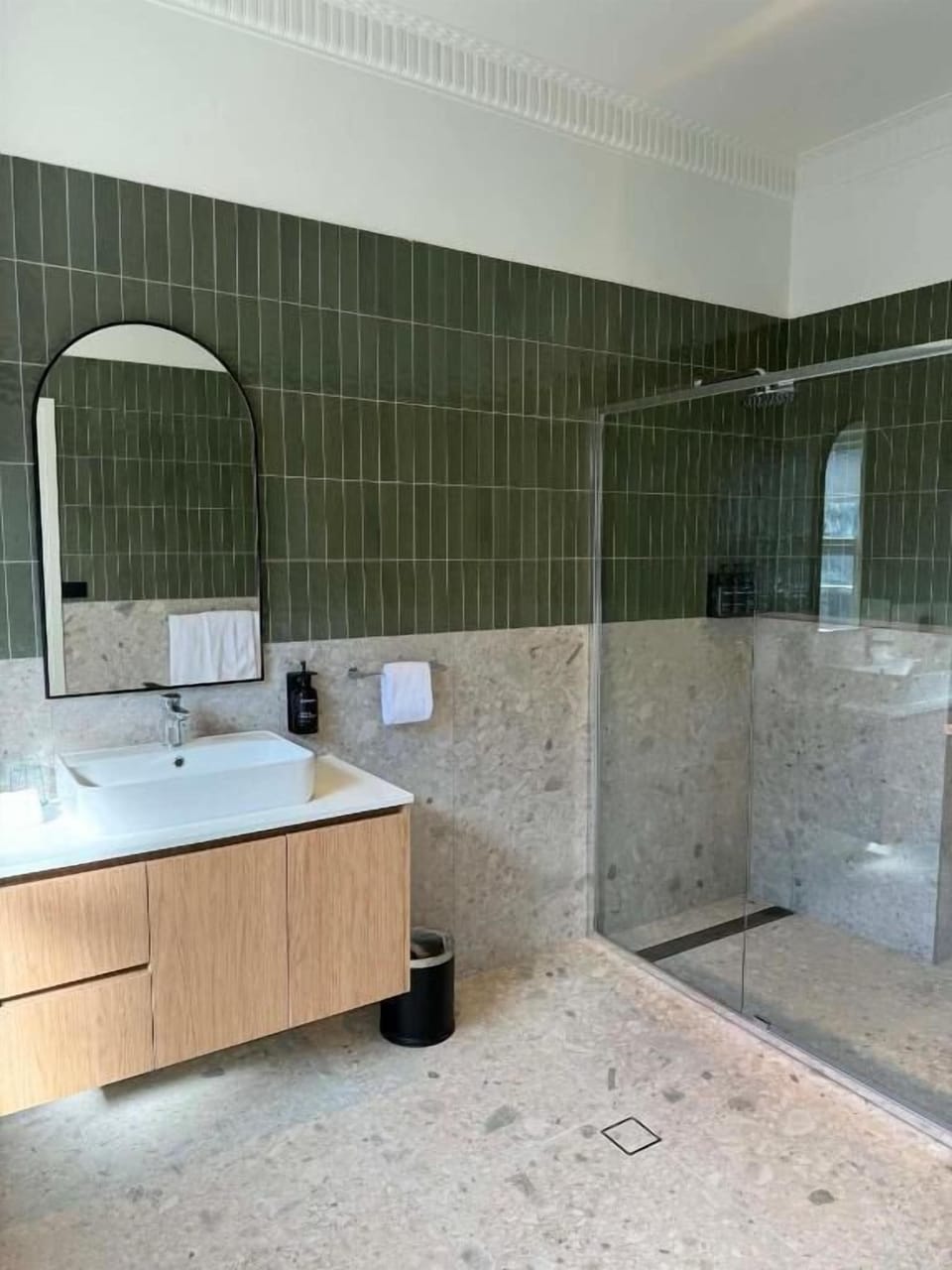 Shower, hair dryer, towels, toilet paper