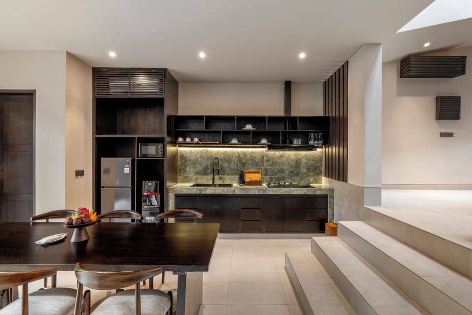 One Bedroom Riverside | Private kitchen | Fridge, microwave, stovetop