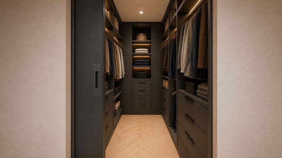 Boutique-style walk-in closet with custom storage and soft lighting