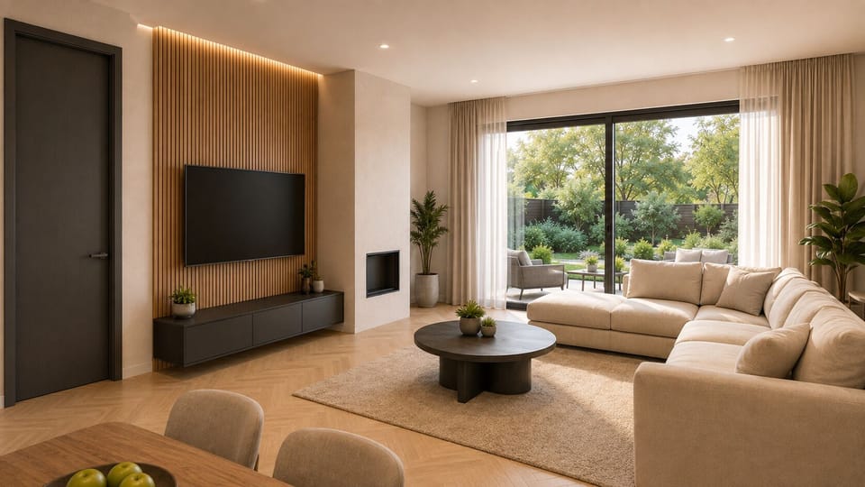 Stylish sunlit lounge with garden views and seamless indoor-outdoor living