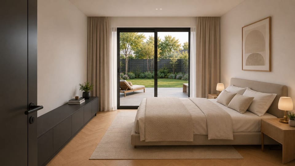 Modern garden-view bedroom with private patio and serene natural light