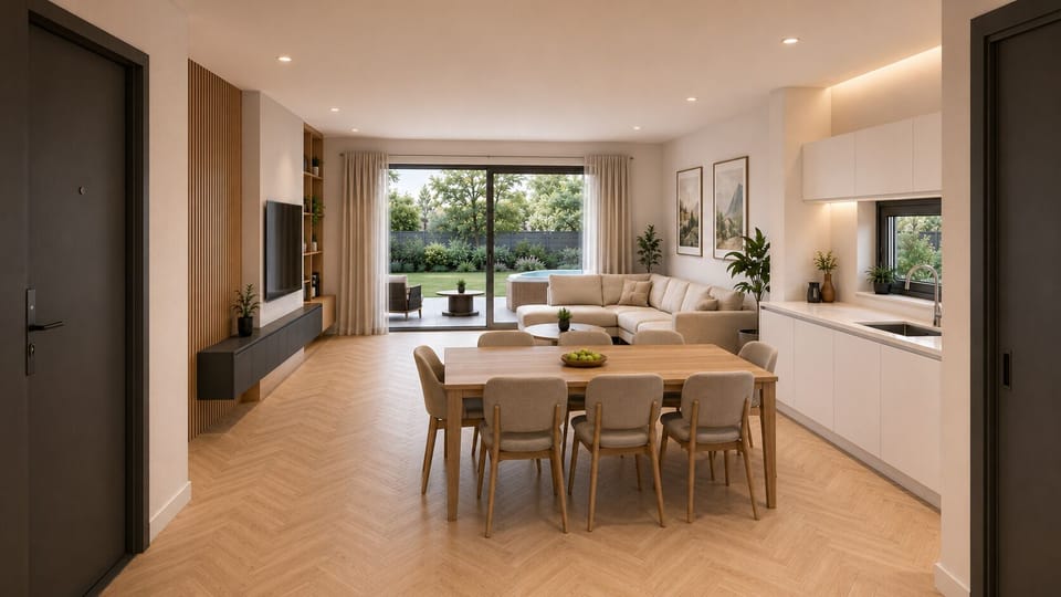 Bright modern open-plan living with garden views and seamless indoor-outdoor flow