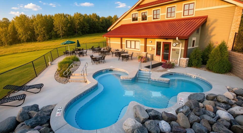 Outdoor Pool • Sunset View with Resort Building