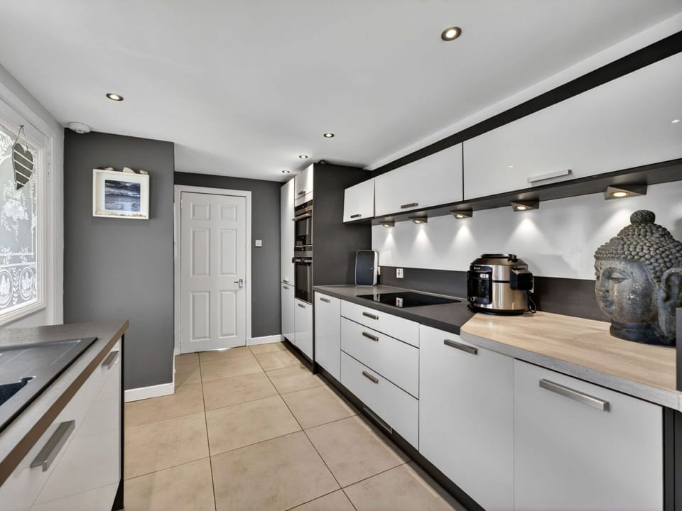 Kitchen, Countertop, Cabinetry, Kitchen Appliance, Interior Design, Major Appliance, Flooring, Light Fixture, Ceiling, Home Appliance