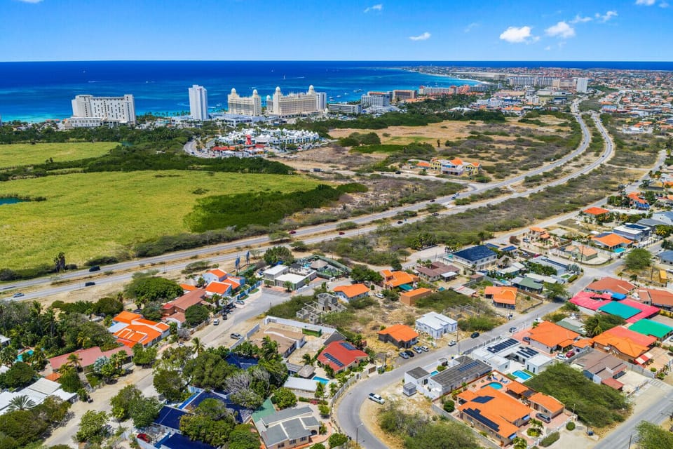 Aerial view near Palm Beach resorts with quiet Noord villa setting