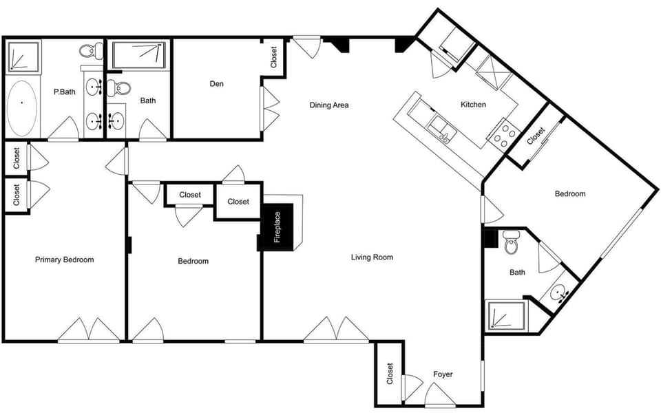 This spacious floor plan shows three comfortable bedrooms, a cozy den, and a welcoming open layout where your group can gather, cook, and unwind together.