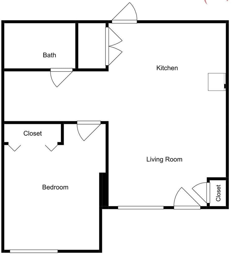 Floor plan showing a cozy one-bedroom layout with full kitchen, living room, bathroom, and generous closet space—everything you need to feel at home.