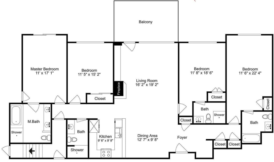 The layout offers four bedrooms, multiple bathrooms, a spacious living room, and a balcony—plenty of space for your group to relax and unwind.