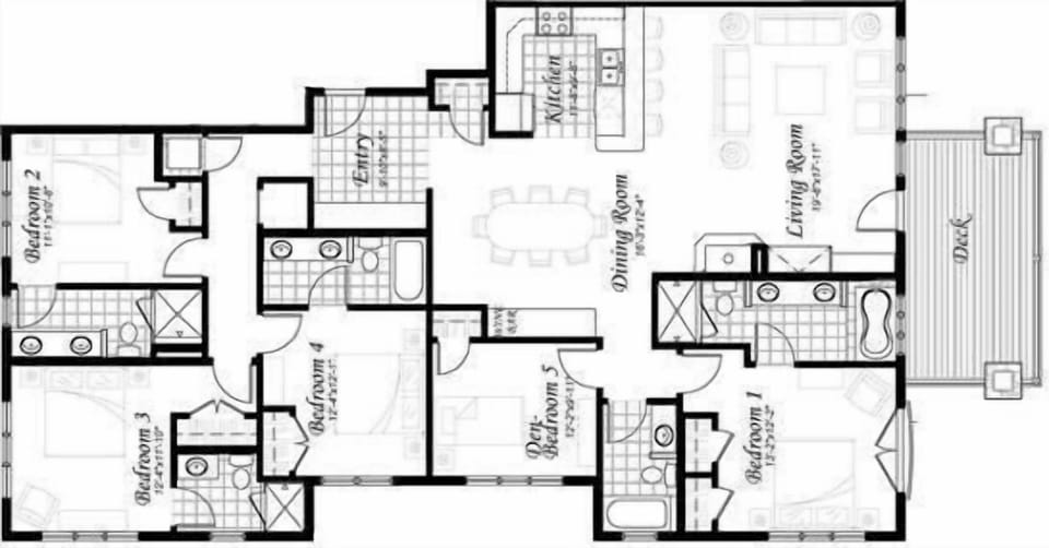 Floor plan showing a 5-bedroom, 5-bathroom layout with open living and dining areas, a large deck, and spacious kitchen—perfect for families or groups.