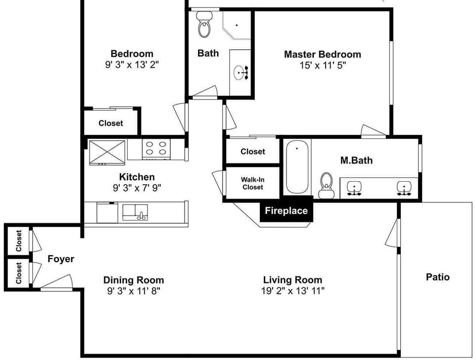 This spacious floor plan reveals a thoughtfully designed layout with two bedrooms, two full bathrooms, a well-equipped kitchen, and a cozy living room with a fireplace opening to your private patio.