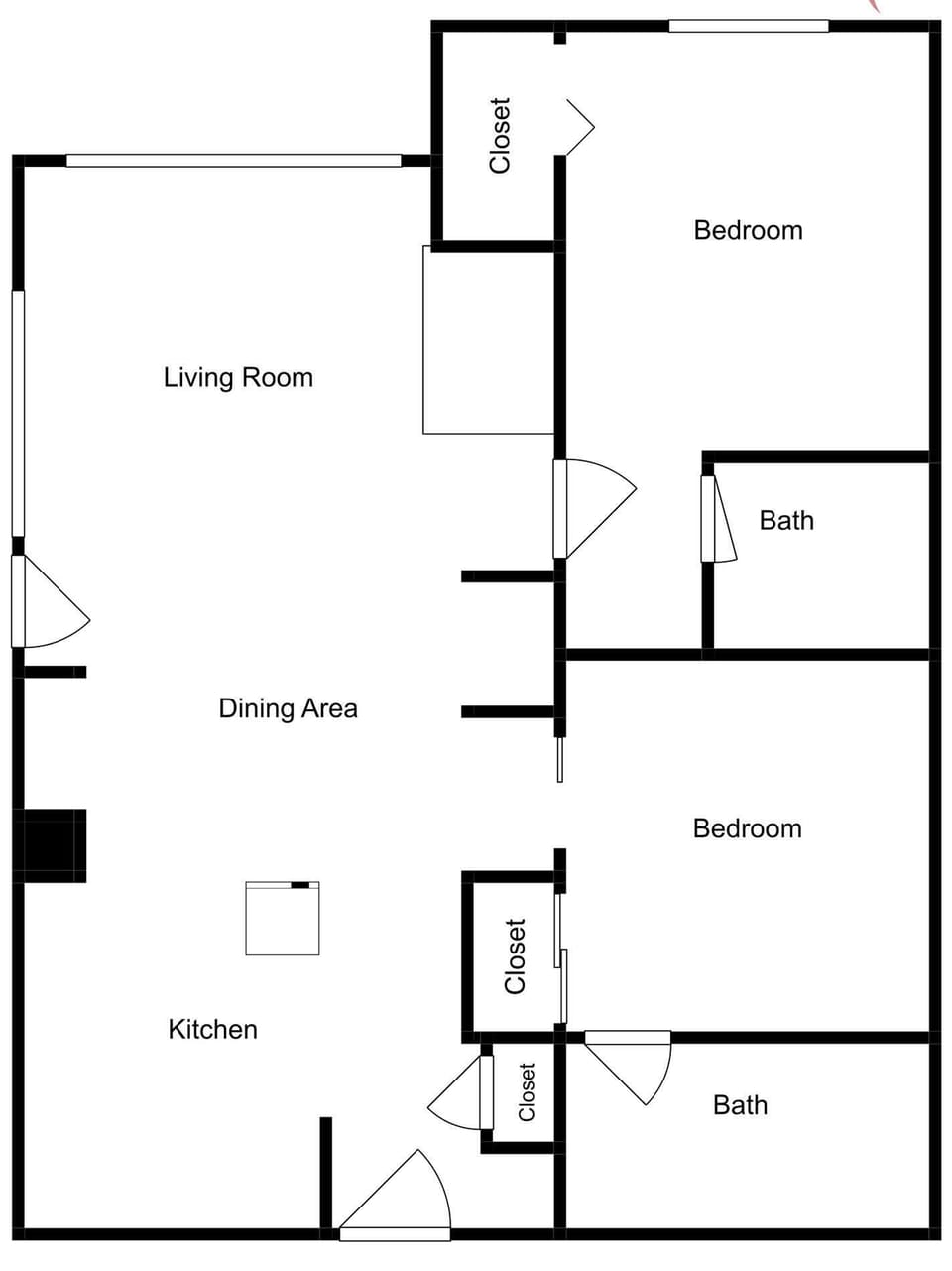 This floor plan shows a comfortable layout with two bedrooms, two baths, an open living and dining area, full kitchen, and balcony—perfect for your stay.