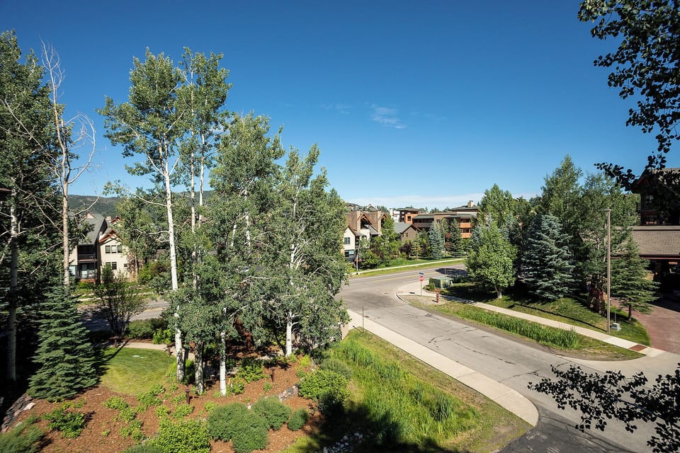 A peaceful mountain neighborhood with tree-lined streets and nearby homes, offering a serene location for a vacation getaway.