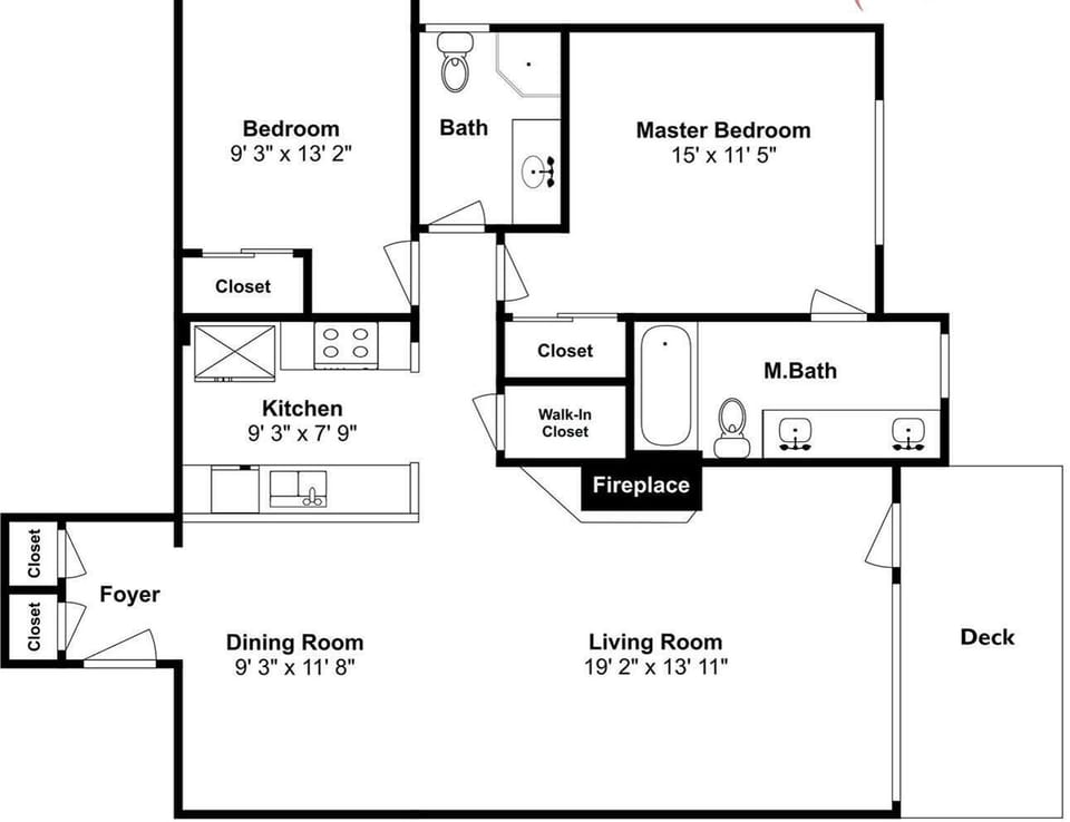 This spacious layout offers two bedrooms, two full baths, a well-equipped kitchen, and an open living and dining area—plus a fireplace and private deck for your comfort.
