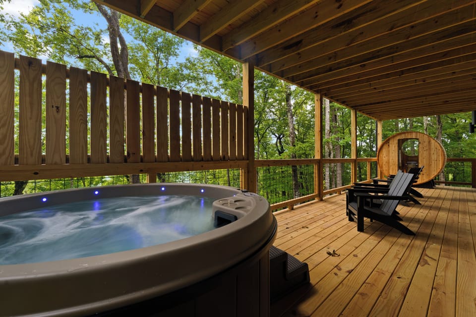 Your private lower-level wellness retreat features a relaxing hot tub and traditional sauna—perfect for unwinding after a day of hiking, exploring Gatlinburg, or adventuring in the Smokies.