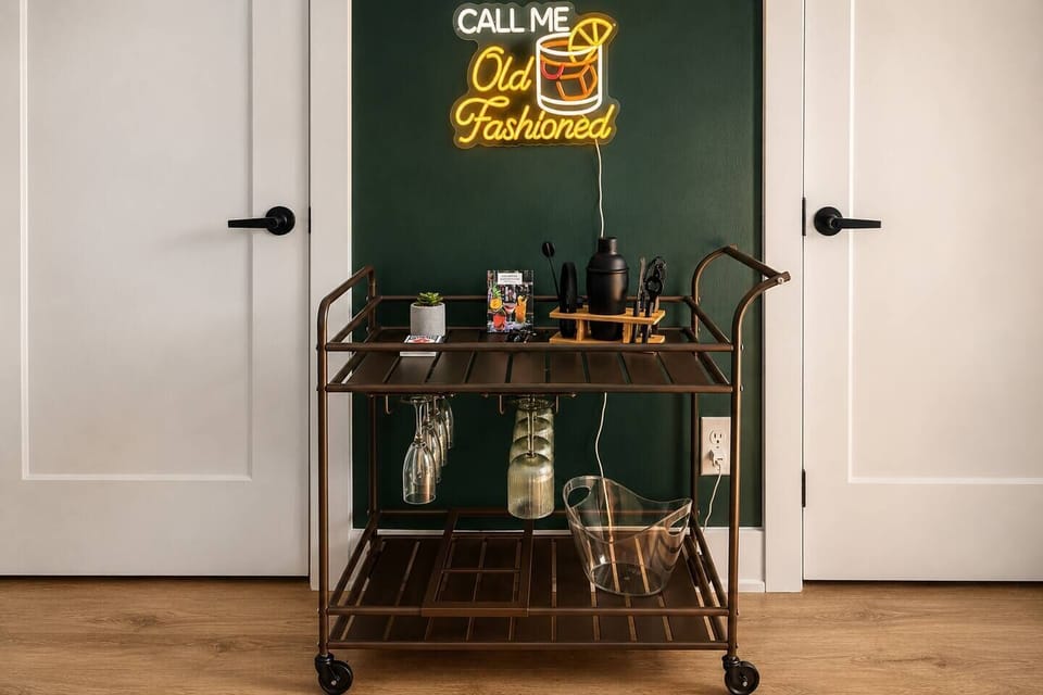 Equipped bar cart w/ all cocktail making necessities. 