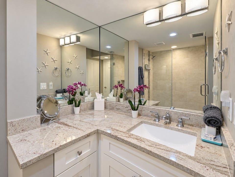 Bright, polished vacation rental bathroom