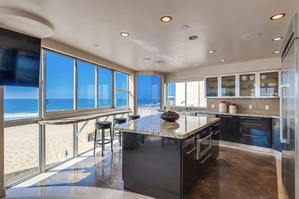 Beachfront kitchen bar top with ocean views