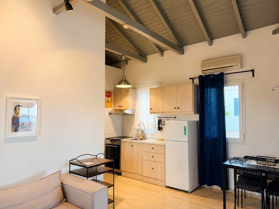 Bright open-plan living space with kitchen facilities and traditional wooden ceiling details.