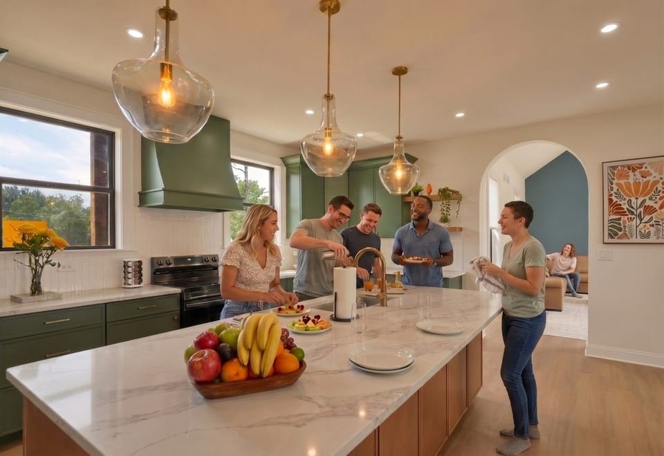 The kitchen island provides additional counter space for meal prep and cooking, while also serving as a convenient spot for casual dining, gathering, or enjoying a quick snack.