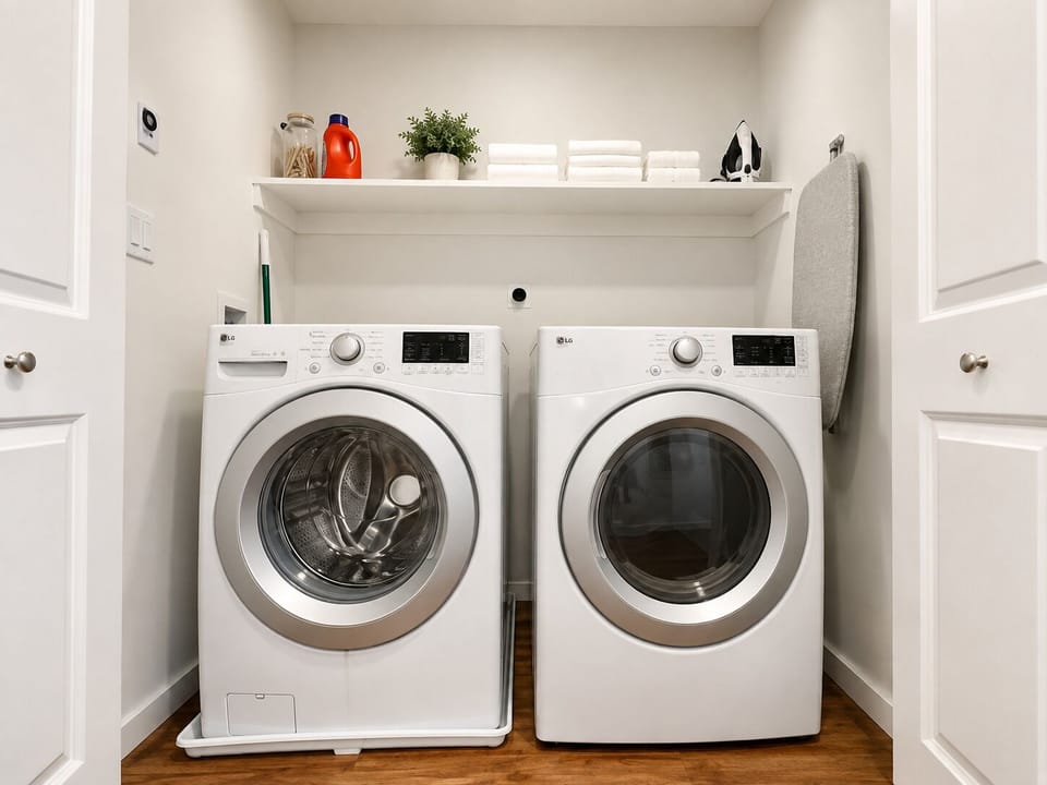 Bright laundry room with full-size washer, dryer, and handy storage