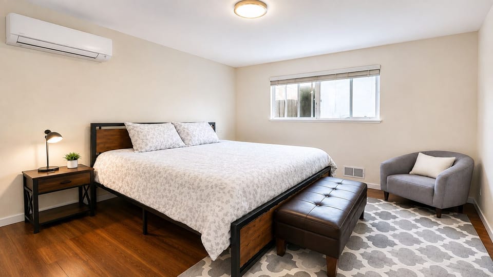 Bright king bedroom with AC, reading chair, and stylish bench seating