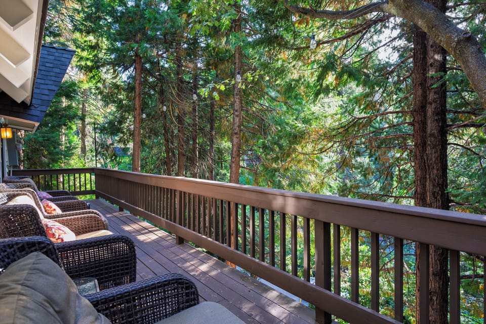 Furnished balcony overlooking the surrounding trees.