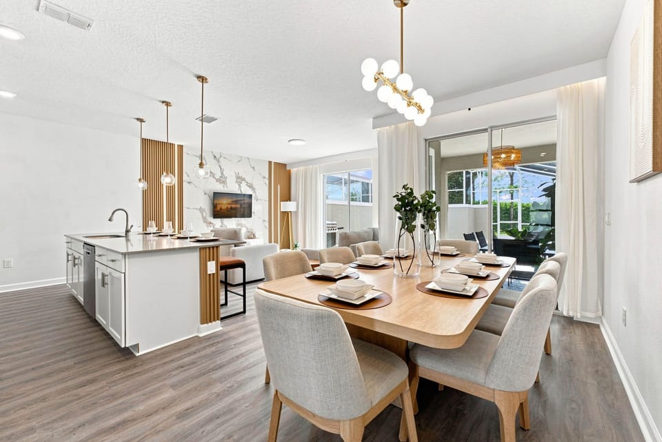 Living area integrating kitchen, dining and living room