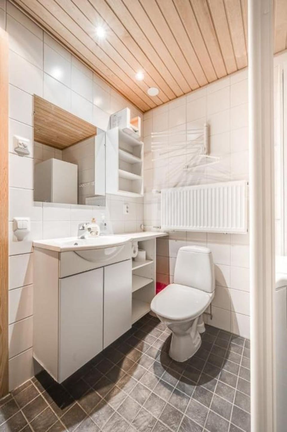 Washroom with a washbasin, mirror cabinet and toilet.