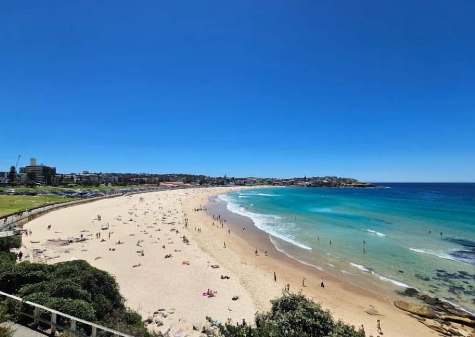 Take in the sweeping view of Bondi Beach's golden sands and turquoise waters under a clear blue sky.