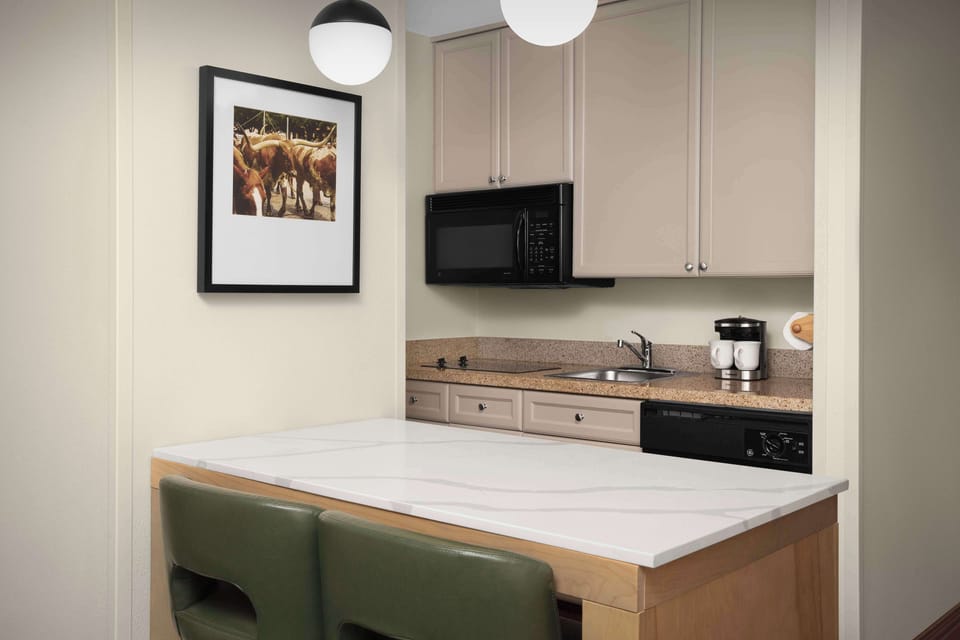 Full-size fridge, microwave, stovetop, dishwasher