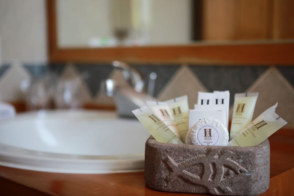 Rainfall showerhead, free toiletries, hair dryer, towels