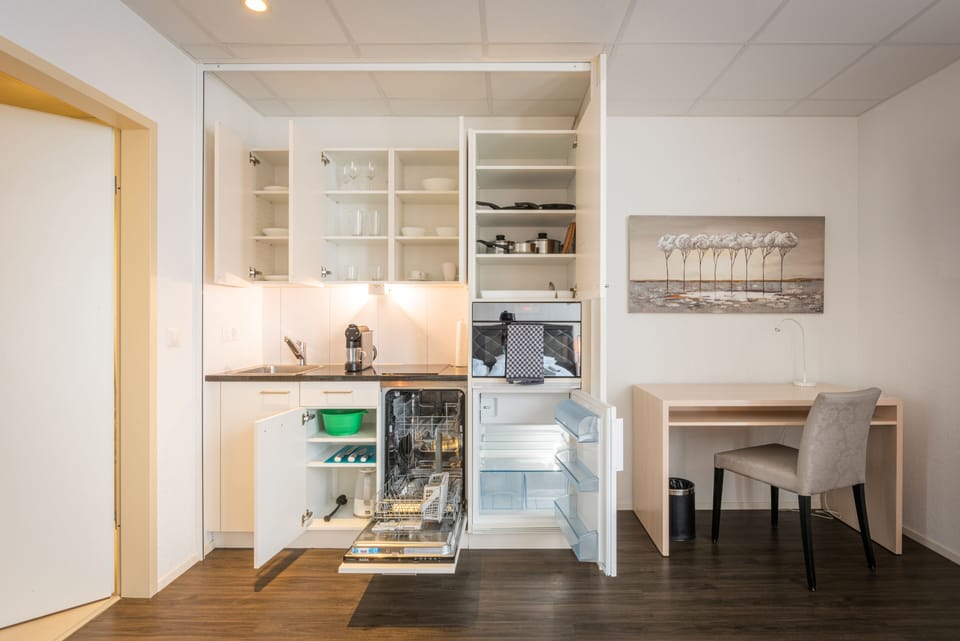 Deluxe Studio, Kitchen | Private kitchen | Fridge, microwave, oven, dishwasher