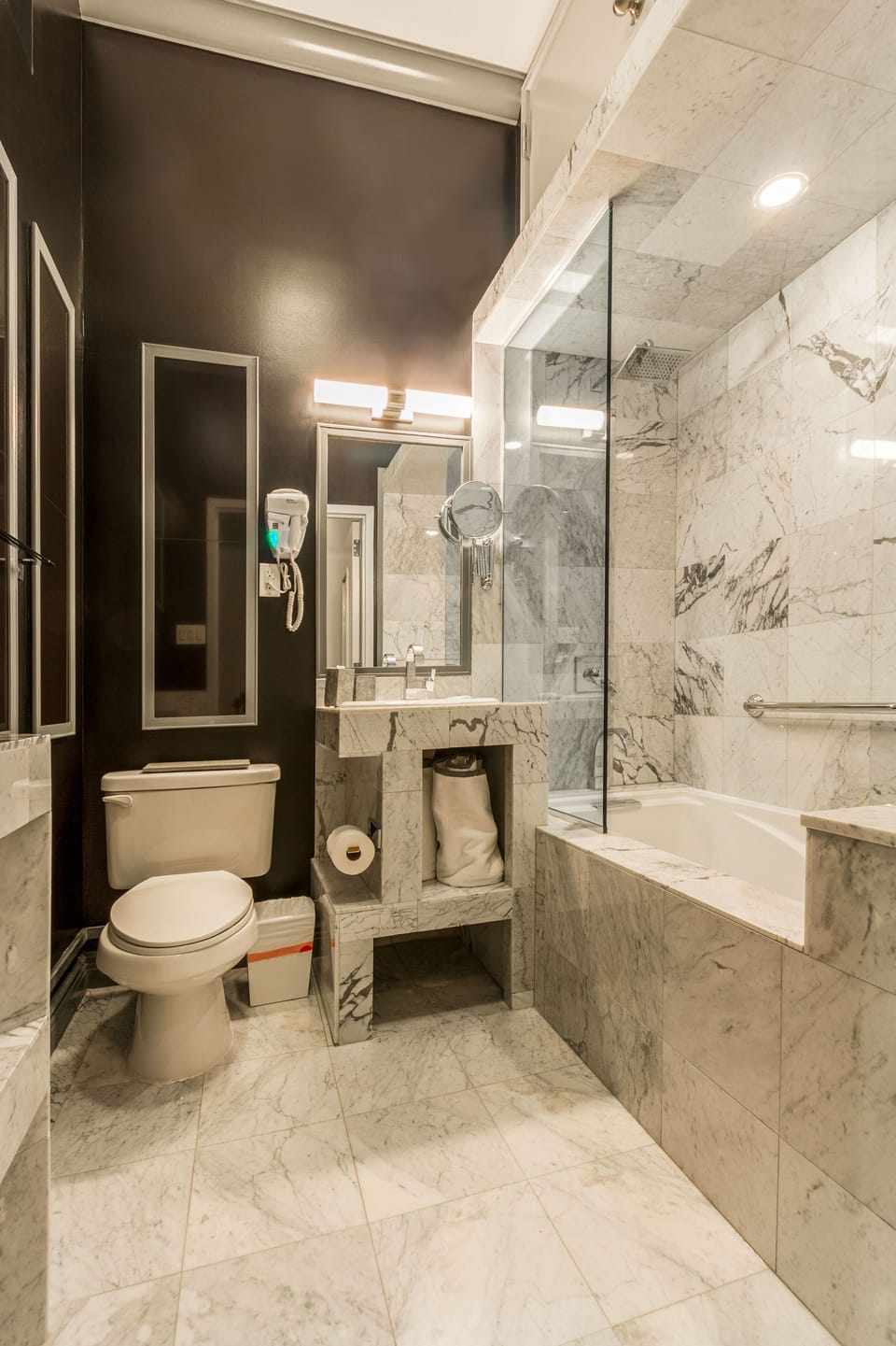 Shower, rainfall showerhead, eco-friendly toiletries, hair dryer