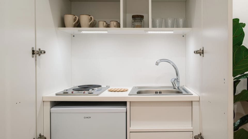 Mini-fridge, stovetop, cookware/dishes/utensils
