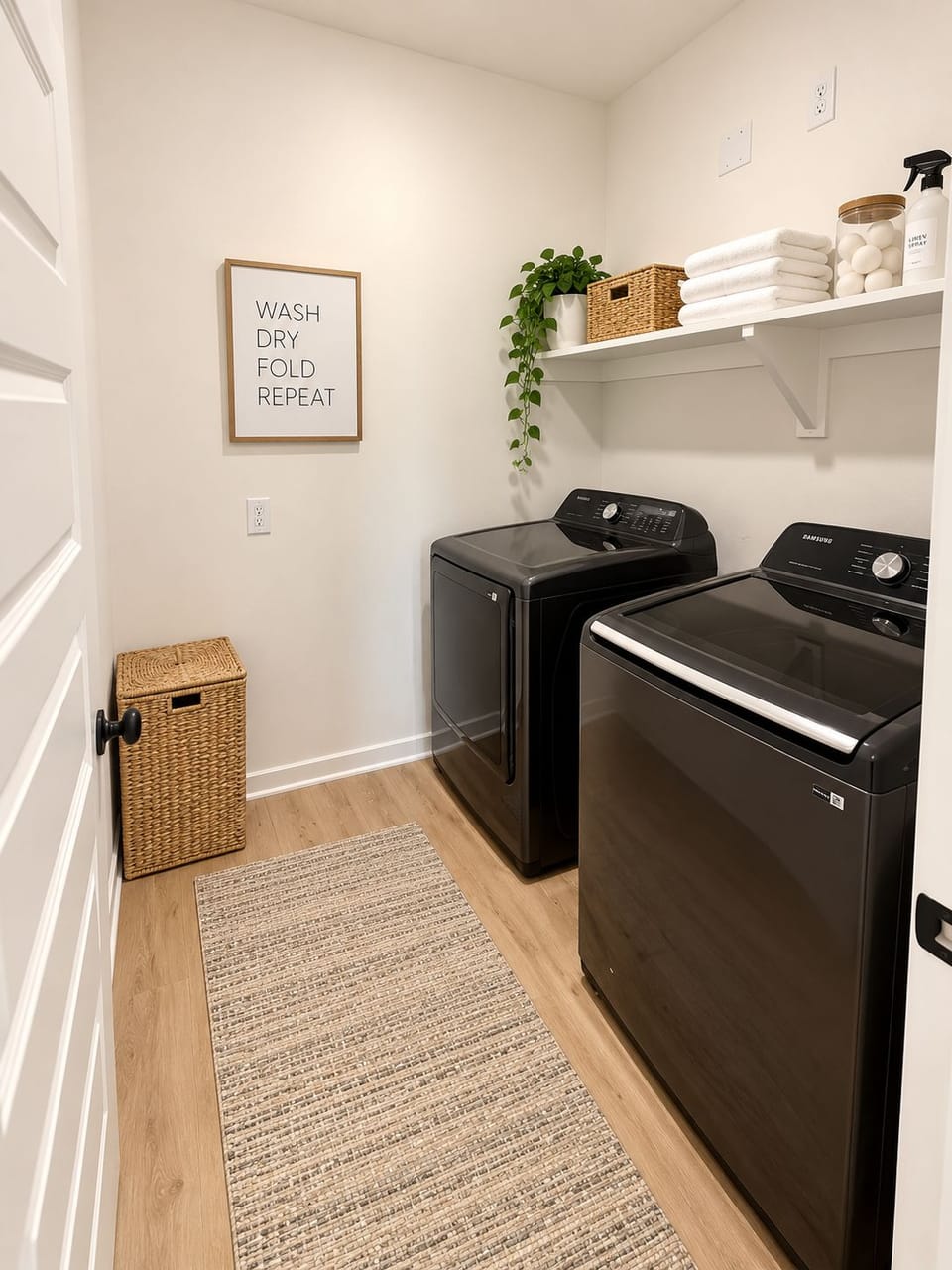 Bright, stylish laundry room with modern washer/dryer and guest essentials