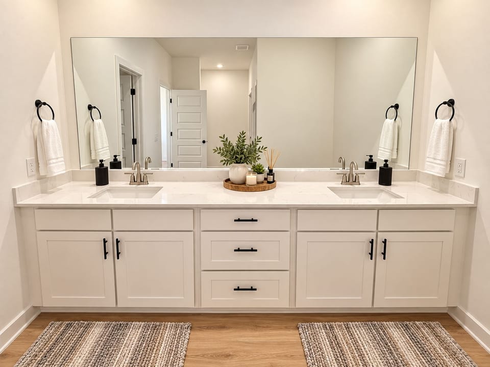 Bright double-vanity bathroom with sleek finishes and oversized mirror