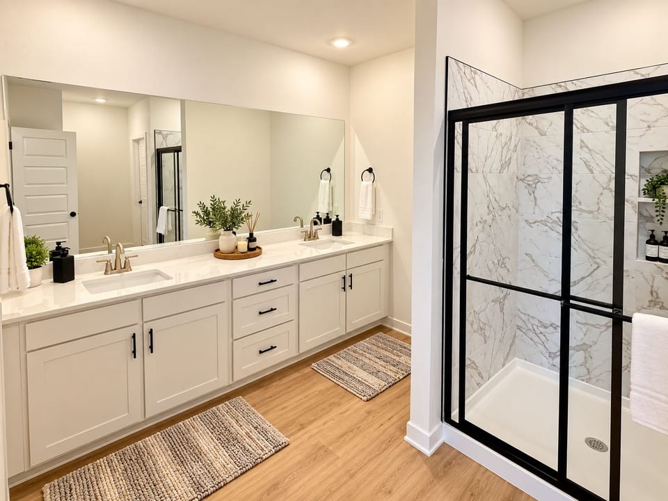 Spa-like bath with double vanity and sleek marble-style walk-in shower