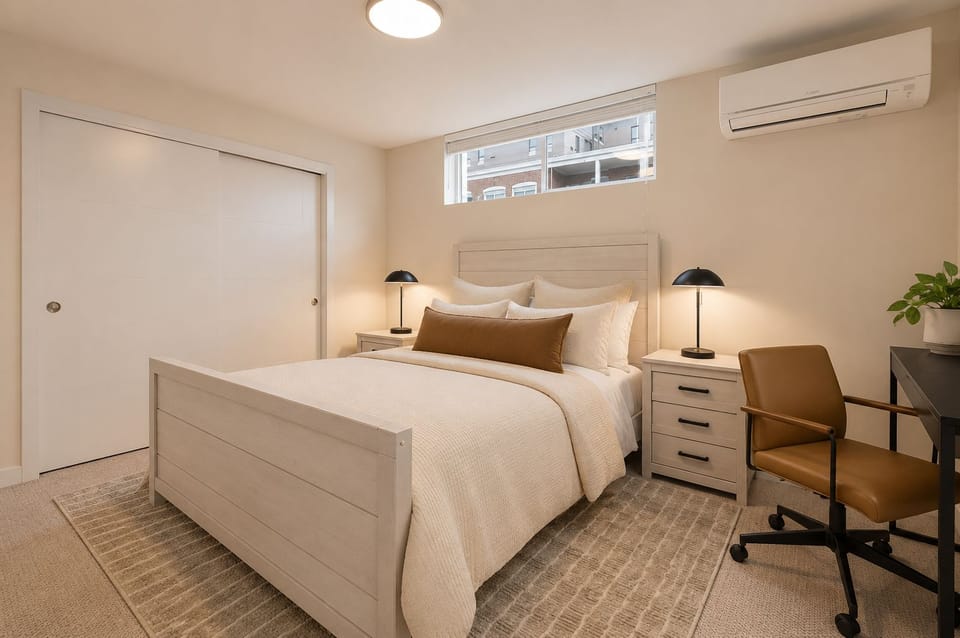 Bright modern bedroom with workspace, large closet, and AC