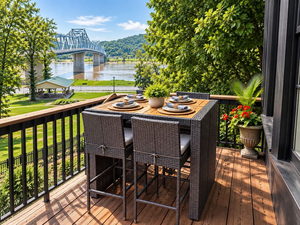 Bar-height dining for four overlooking the Ohio River and Madison-Milton Bridge
