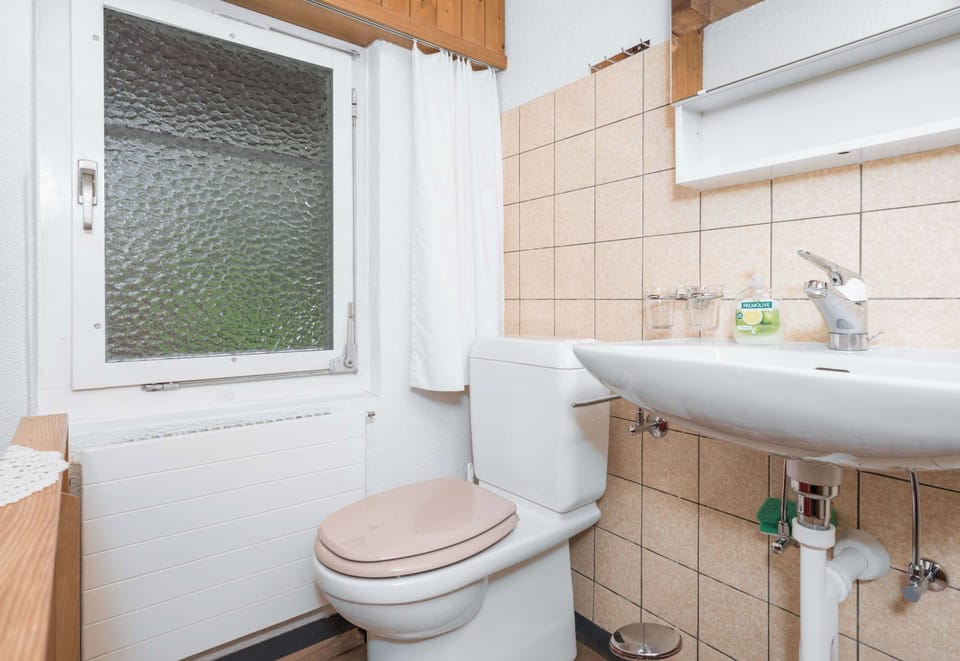 Shared bathroom with toilet, sink, and window for natural light.

